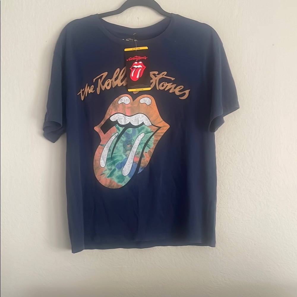 NWT Rolling Stones Navy Blue Short Sleeve Tee Iconic Band Design - size medium